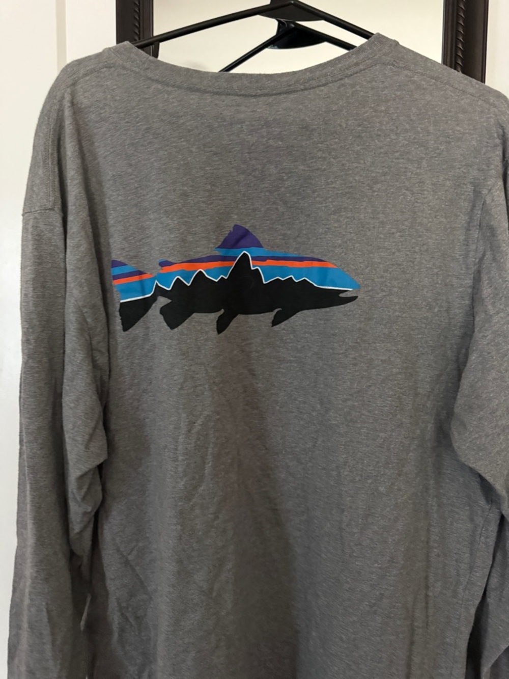 Gray Patagonia Long Sleeve Tee with Color-Striped Fish logo on back